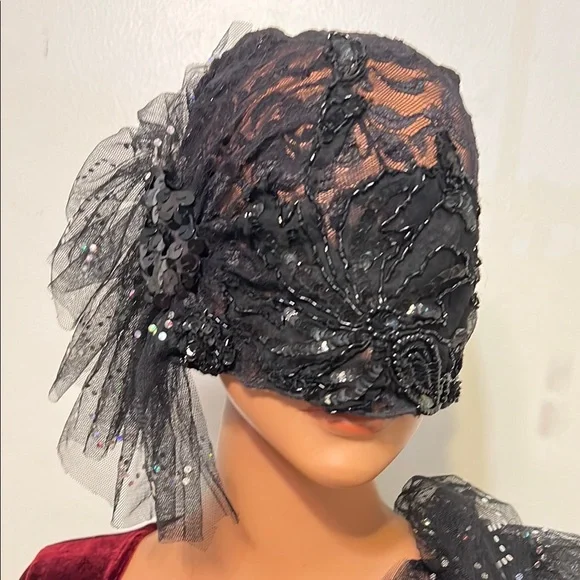 2 pc set Black Church Daytime Flapper Hat Cloche Fingerless Gloves Black 1920s cloche hat with cotton and black lace – LaVieDelight main image 4